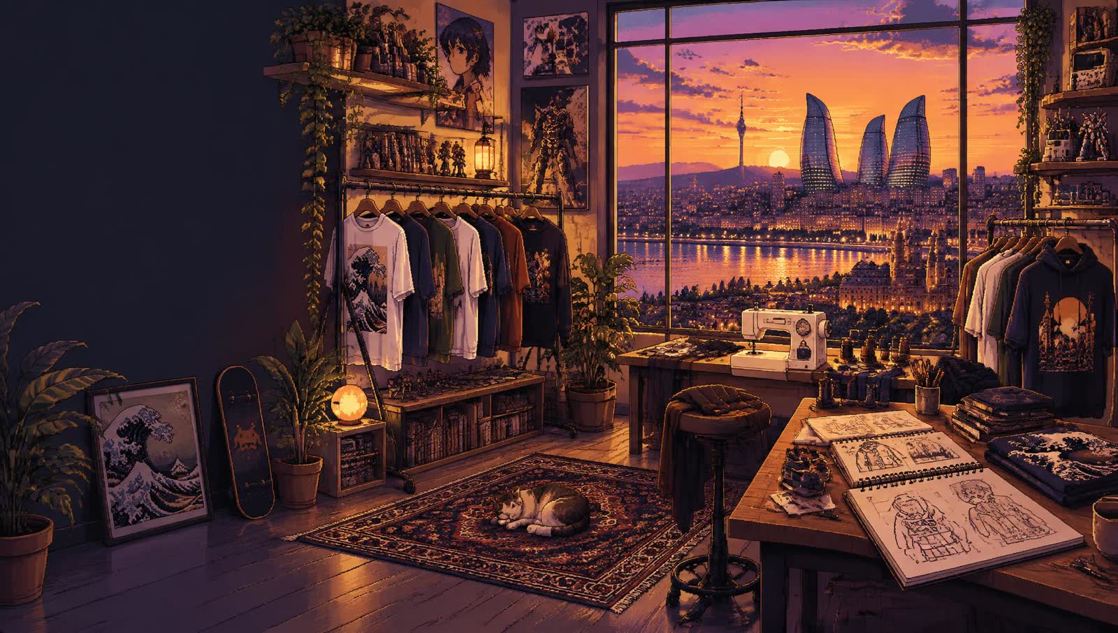 Pixel-art Vintastic clothing studio overlooking Baku at sunset