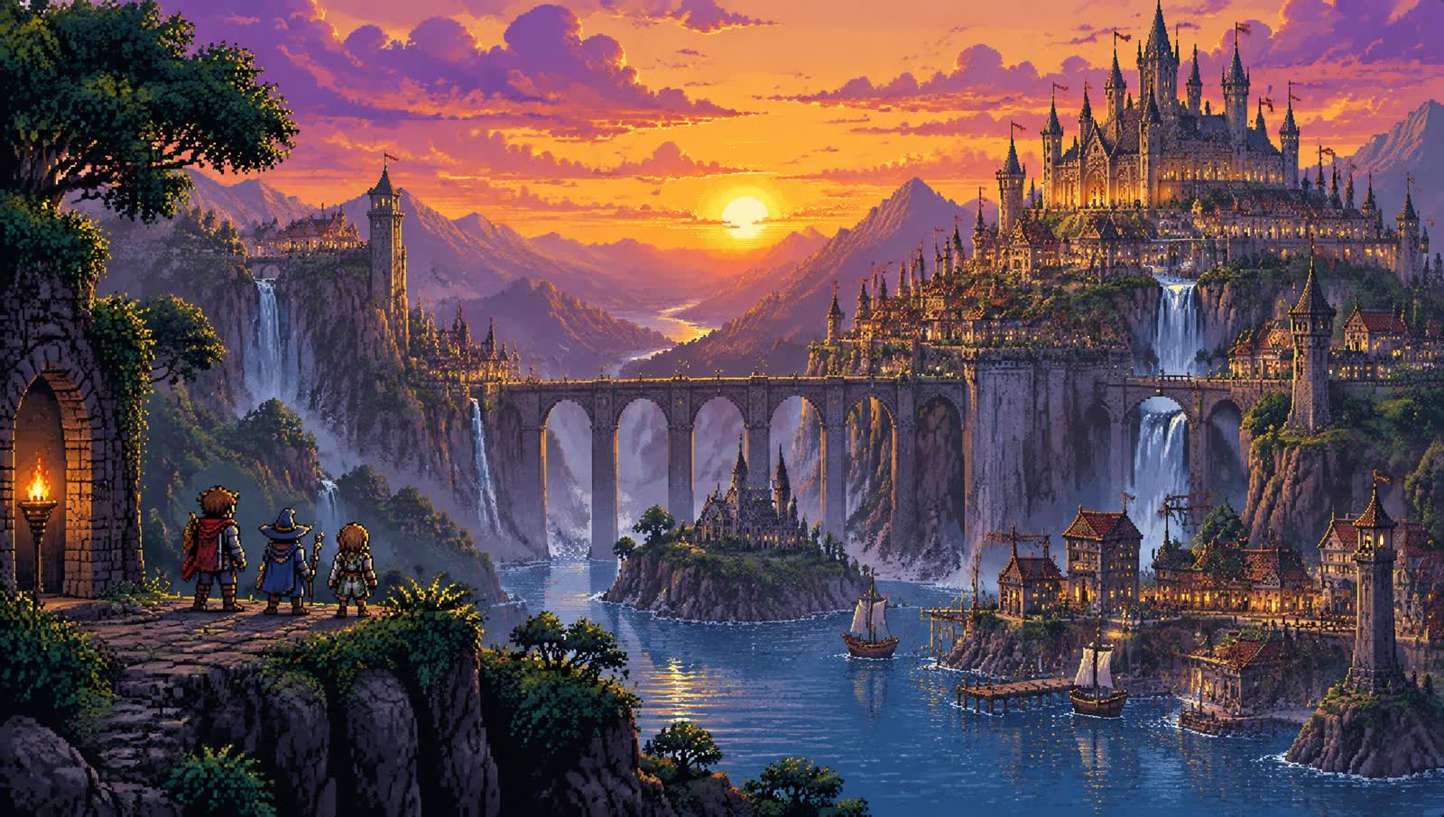 Pixel-art fantasy city with castle and waterfalls